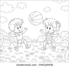 Happy little kids playing a big striped ball on a pretty playground on a warm summer day, black and white outline vector cartoon illustration for a coloring book page