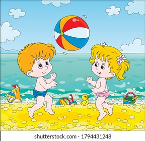 Happy little kids playing a colorful ball near water on a sea beach on a sunny summer day, vector cartoon illustration