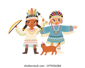 Happy little kids playing Indians. Children wearing tribal costumes, feathers of native Americans. Cute boy, girl and cat with bow and arrow. Colored flat graphic vector illustration isolated on white