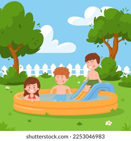 Happy little kids playing in inflatable swimming pool, cartoon flat vector illustration. Children enjoying summer in the backyard. Cute boys and girl relaxing in swimming pool with inflatable slide.