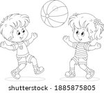 Happy little kids playing, running and catching a big ball on a playground, black and white outline vector cartoon illustration for a coloring book page 