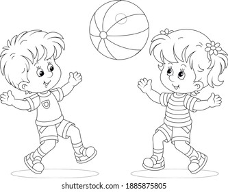 Happy little kids playing, running and catching a big ball on a playground, black and white outline vector cartoon illustration for a coloring book page 