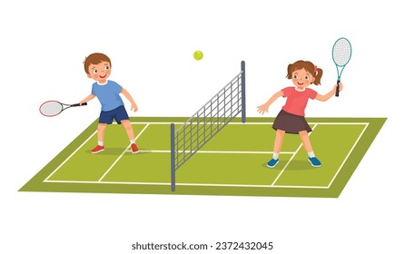 Happy little kids playing tennis