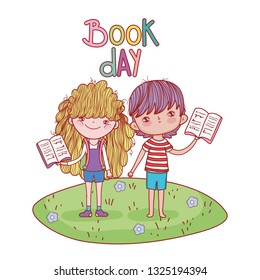 happy little kids reading books in the landscape