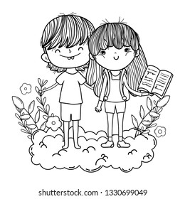 happy little kids reading books in the clouds