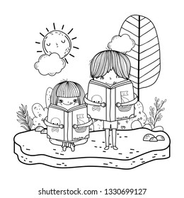 happy little kids reading books in the landscape