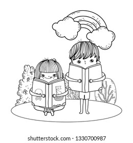 happy little kids reading books in the landscape