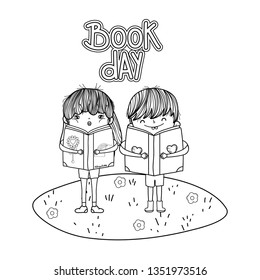 happy little kids reading books in the landscape