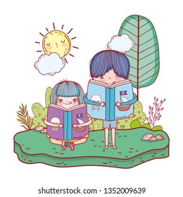 happy little kids reading books in the landscape