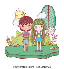 happy little kids reading books in the landscape
