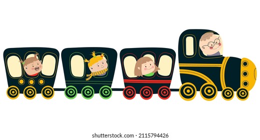 Happy little kids riding the blue train. A blue train with colorful patterns. Vector illustration on white background in cartoon style. Hand drawing. For print, web design.