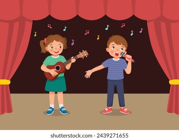 Happy little kids singing and playing guitar performing on the stage