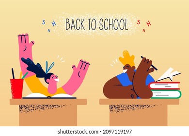 Happy little kids sit at desks feel excited get back to school. Smiling small teen children feel joyful in classroom. Offline lessons and classes. Lockdown over. Education. Vector illustration. 