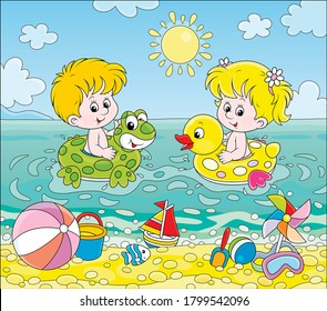 Happy little kids swimming in inflatable rings in blue water on a sea beach on a sunny summer day, vector cartoon illustration