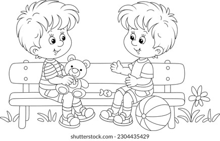 Happy little kids with their funny toys sitting on a small bench and merrily chatting on a warm summer day in a park, black and white vector cartoon illustration for a coloring book