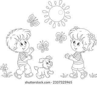 Happy little kids and their merry pup playing with colorful butterflies in a park on a sunny summer day, black and white outline vector cartoon illustration for a coloring book