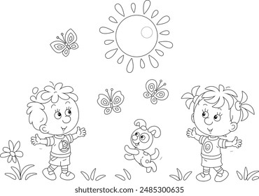 Happy little kids and their merry pup playing with colorful butterflies in a park on a sunny summer day, black and white outline vector cartoon illustration for a coloring book