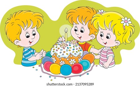 Happy little kids, a traditional holiday cake and colorfully painted Easter eggs, vector cartoon illustration isolated on a white background