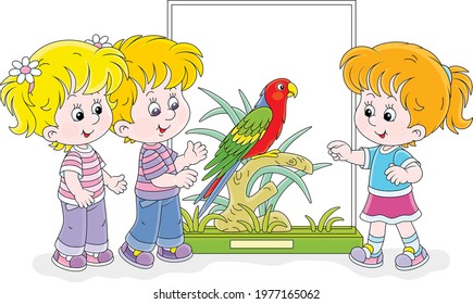 Happy little kids walking at a zoological garden and watching a funny tropical parrot with bright colorful plumage and a long tail, vector cartoon illustration isolated on white