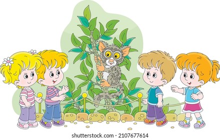 Happy little kids walking at a zoological garden and watching a funny exotic Philippine tarsier which sitting on a small tropical tree in an open-air cage, vector cartoon isolated on white