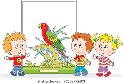 Happy little kids walking at a zoological garden and watching a funny tropical parrot with bright colorful plumage and a long tail, vector cartoon illustration isolated on white