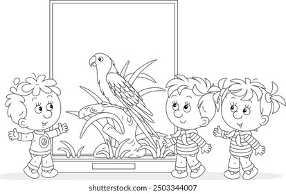 Happy little kids walking at a zoological garden and watching a funny tropical parrot with a long tail, black and white outline vector cartoon illustration for a coloring book