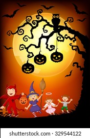 Happy little kids wearing costume halloween, Halloween background