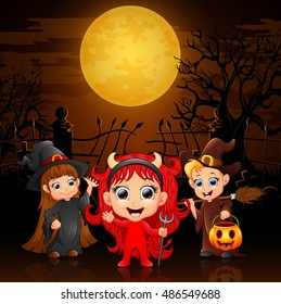 Happy little kids wearing costume halloween in graveyard.Vector illustration