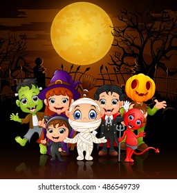 Happy little kids wearing costume halloween.Vector illustration