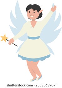 Happy Little Lady Fairy Character. Vector Illustration in Cartoon Style.