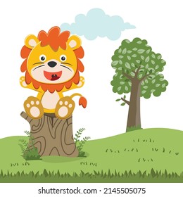 Happy little lion in a sitting position on a tree stump, Creative vector childish background for fabric, textile, nursery wallpaper, poster, card, brochure. and other decoration.