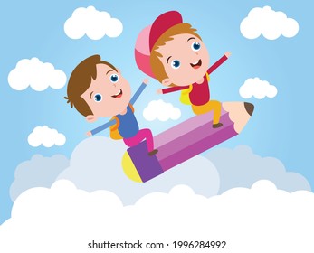 Happy little male student flying on a pencil at the sky. Children flying on a pencil