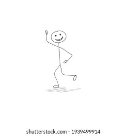 happy little man silhouette sketch walking waving, greeting isolated on white background