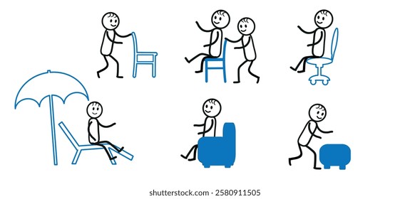  a happy little man with various objects, a chair, a computer chair, an armchair, an ottoman. chaise longue, umbrella, pictograph of a human figure in various poses