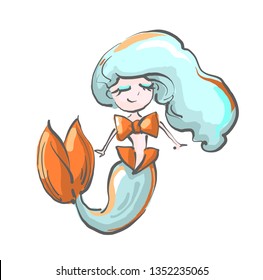 Happy little mermaid with blue hair and bow nursery illustration