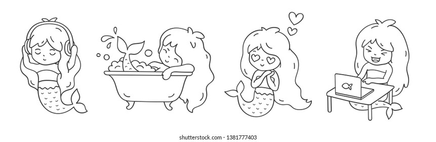 Happy little mermaid: in love, listening to music, bathing, laughing in front of a laptop. Set of cartoon character. Vector outline illustration.