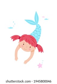Happy little mermaid with red hair and smile swimming underwater with fishes and starfish. Cute hand drawn cartoon illustration for kids textile, greeting cards or print on any surface