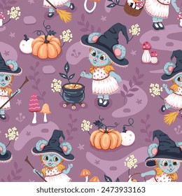 Happy little mice dressed in witch hats and dresses with colorful pumpkins, flowers and mushrooms on a purple background. Perfect for Halloween! Seamless repeated surface vector pattern design.