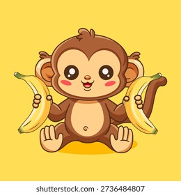 Happy Little Monkey Sitting with Two Bananas Vector Illustration Cartoon Design