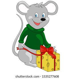 happy little mouse in a green sweater with a snowflake stands next to cheese with a bow