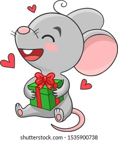 Happy little mouse holds green gift box . Vector illustration isolated