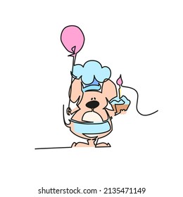Happy little mouse with sweets. Mouse cook illustration continuous line drawing. Vector illustration.