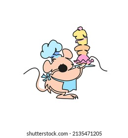 Happy little mouse with sweets. Mouse cook illustration continuous line drawing. Vector illustration.