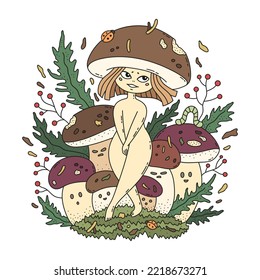 Happy little mushroom girl. Family of porcini mushrooms. Fairytale forest autumn poster. Funny magic character. Cute cartoon vector illustration. Isolated on white