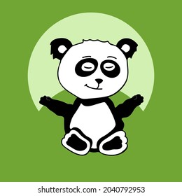 Happy little panda bear sitting and meditating vector cartoon illustration