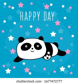 Happy little panda card background. Зanda bear and flowers. Childish art for design veterinary clinic poster, birthday gift card, kids party invitation, shop sale or t shirt print, bag cover etc. 