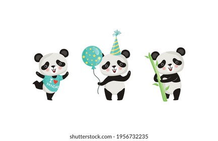 Happy Little Panda Holding Bamboo Stick and Toy Balloon Vector Set