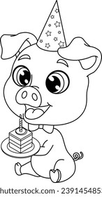 Happy Little Pig zum Geburtstag für Farbseiten. Stück Kuchen auf einer Platte mit einer brennenden Kerze. Party-Hut. Vektorgrafik eines Cute-Cartoon-Zeichens