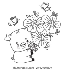 Happy little pig with large bouquet of flowers and butterflies. Vector illustration. Cute outline animal cartoon character. Line drawing, coloring book. Vector illustration. Kids collection