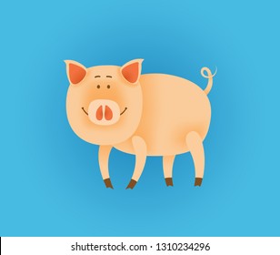 Happy little pig. Vector illustration of animal on blue background.